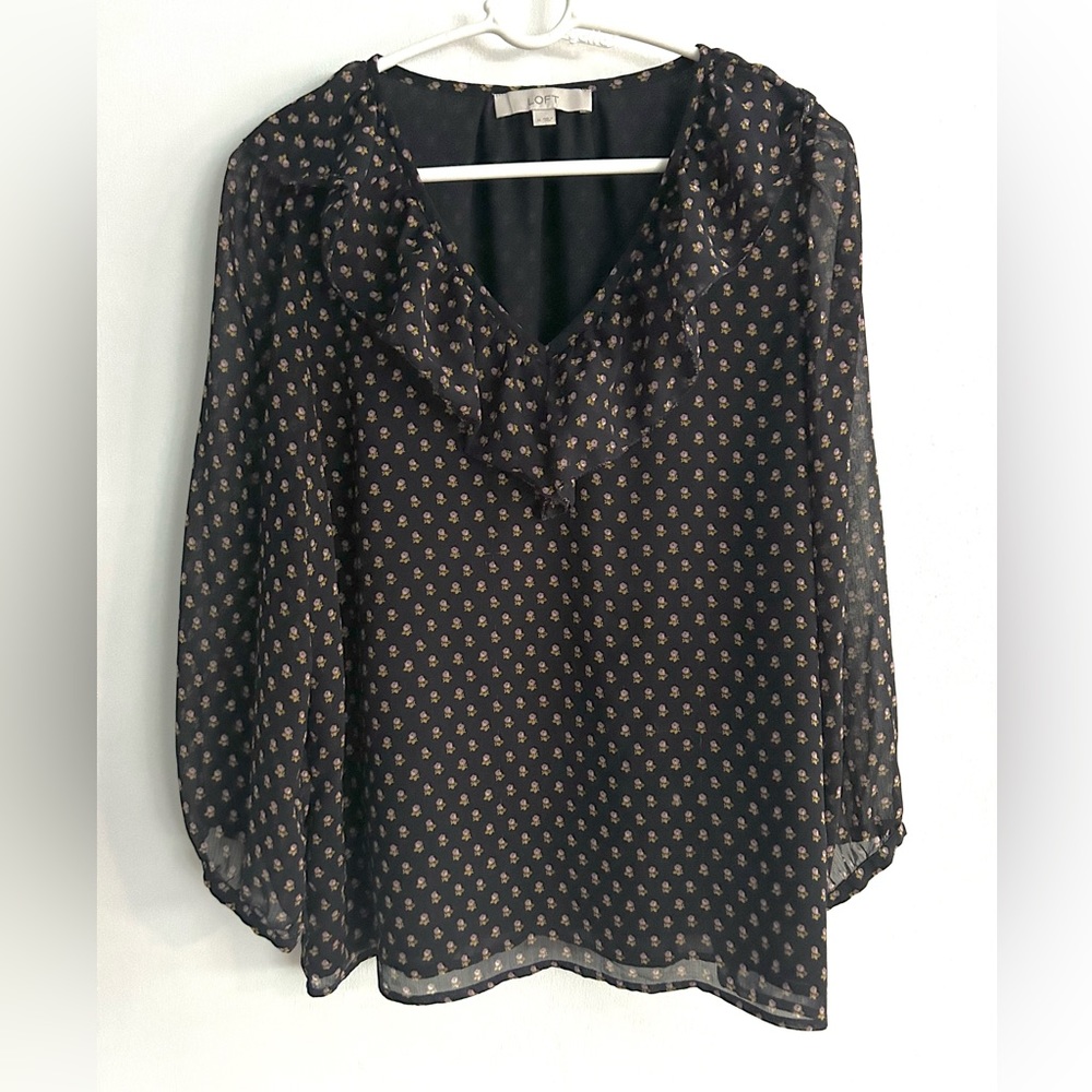 Navy floral ruffle neck blouse